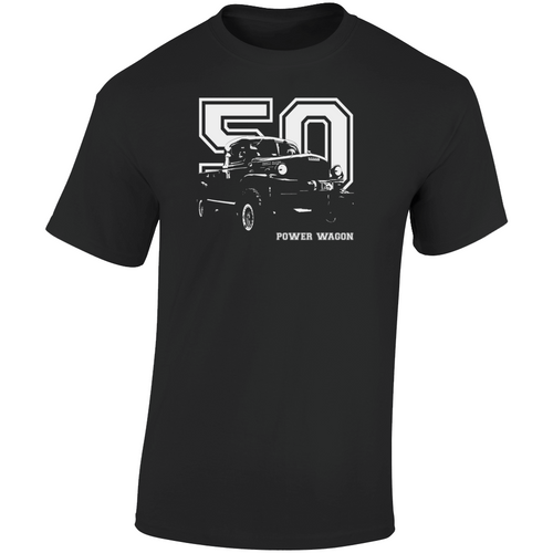 1950 Power Wagon Three Quarter Angle View With Year And Model Name Dark Color T Shirt