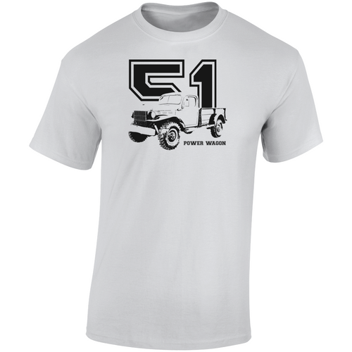 1951 Power Wagon Three Quarter Angle View With Year And Model Name Light Color T Shirt