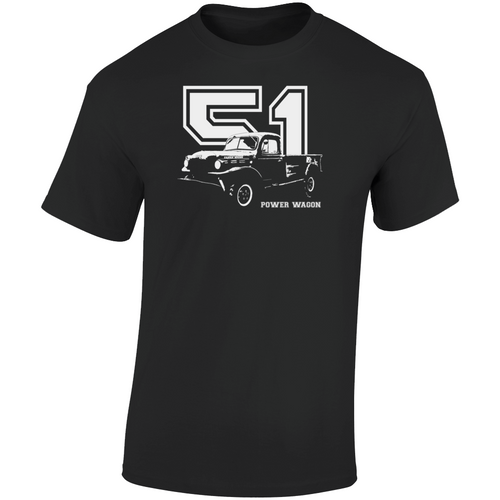1951 Power Wagon Three Quarter Angle View With Year And Model Name Dark Color T Shirt