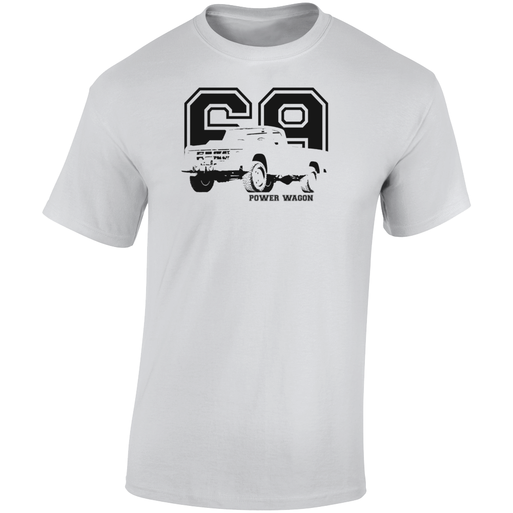 1969 Power Wagon Three Quarter Angle View With Year And Model Name Light Color T Shirt