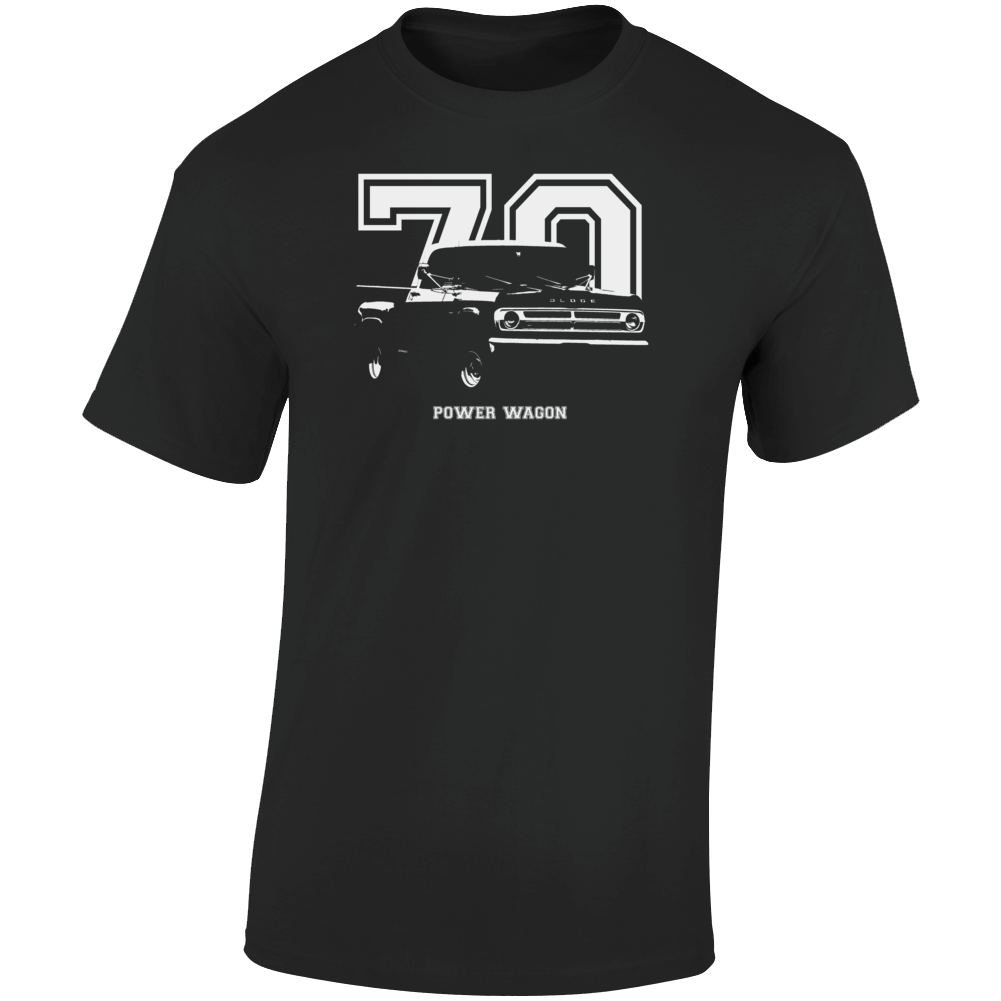 1970 Power Wagon Three Quarter Angle View With Year And Model Name Dark Color T Shirt