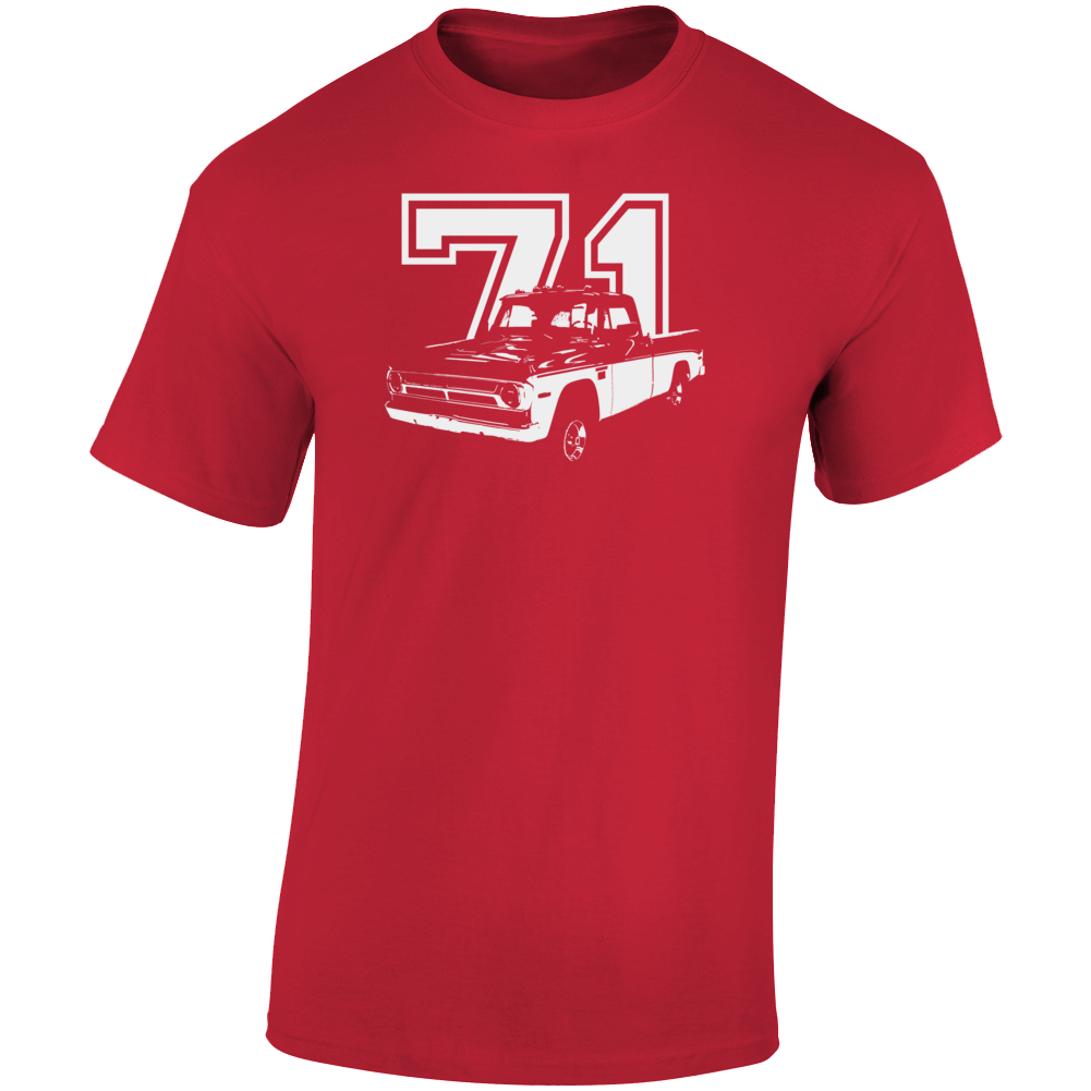 1971 Power Wagon Three Quarter Angle View With Year Dark Color T Shirt