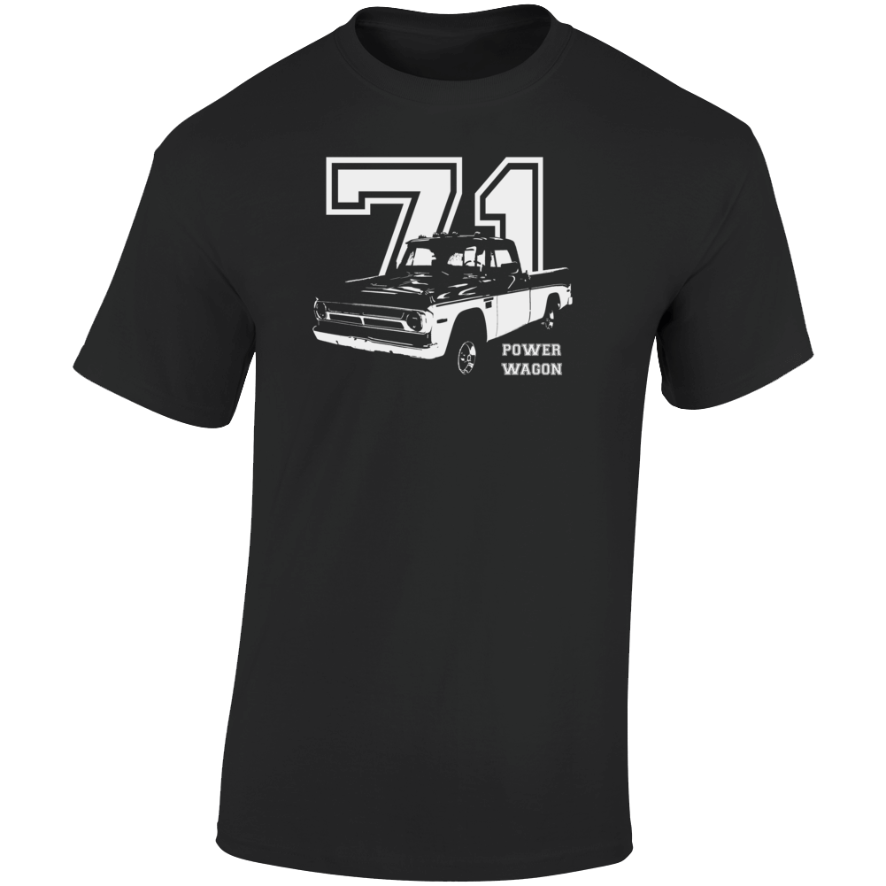 1971 Power Wagon Three Quarter Angle View With Year And Model Name Dark Color T Shirt