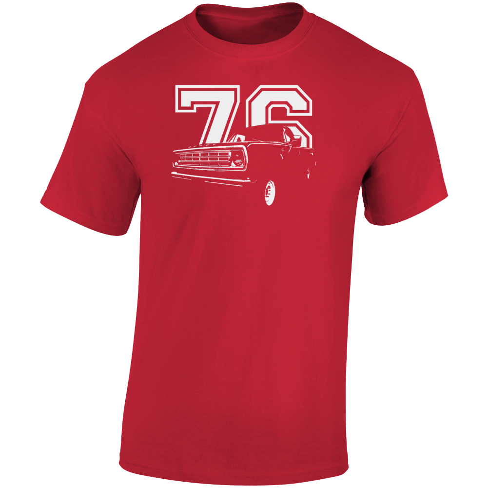 1976 Power Wagon Three Quarter Angle View With Year Dark Color T Shirt