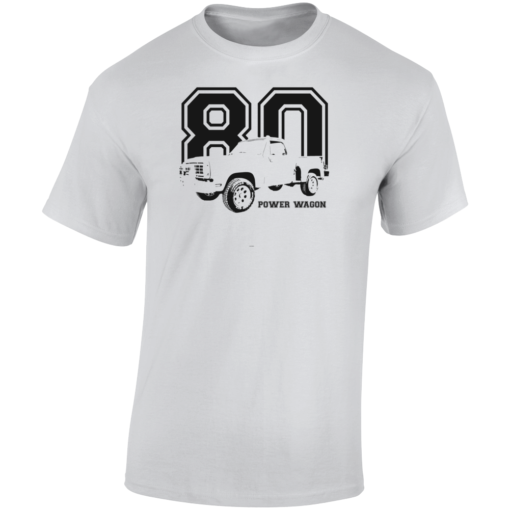 1980 Power Wagon Three Quarter Angle View With Year And Model Name Light Color T Shirt