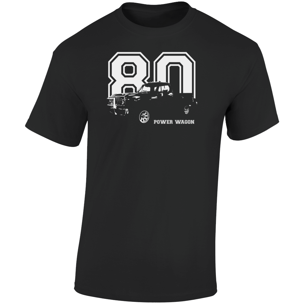 1980 Power Wagon Three Quarter Angle View With Year And Model Name Dark Color T Shirt