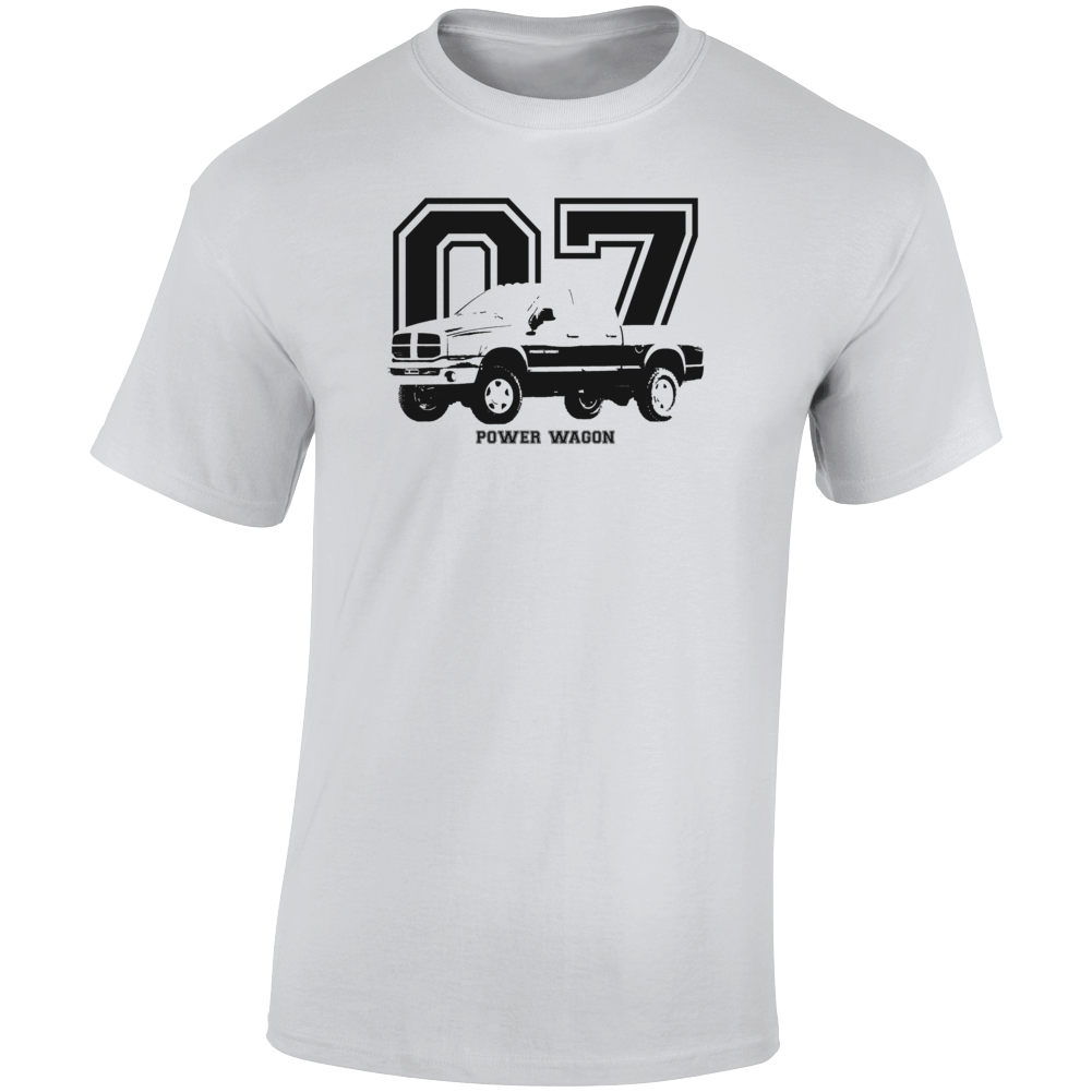 2007 Power Wagon Three Quarter Angle View With Year And Model Name Light Color T Shirt