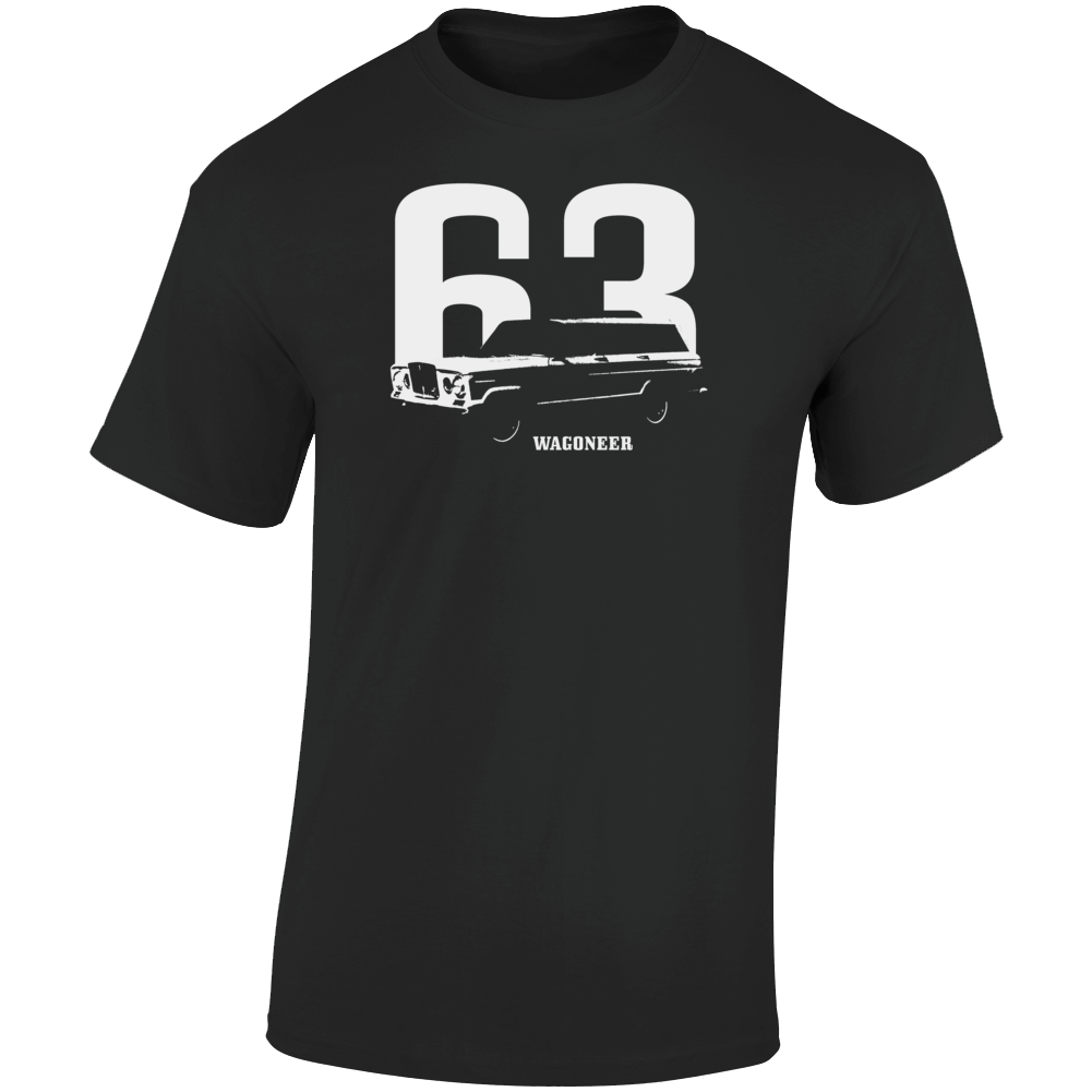 1963 Wagoneer Three Quarter Angle View With Year And Model Name Dark Color T Shirt