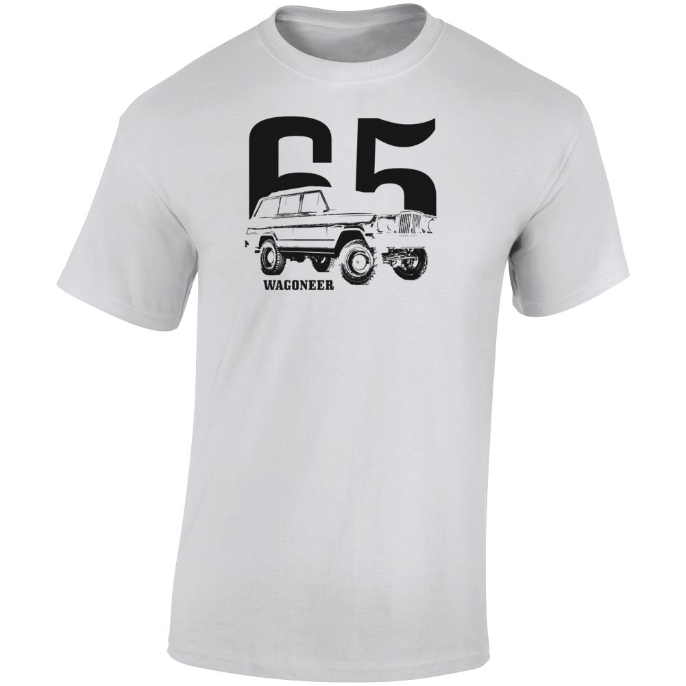 1965 Wagoneer Three Quarter Angle View With Year And Model Name Light Color T Shirt