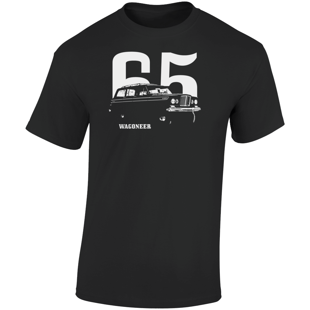1965 Wagoneer Three Quarter Angle View With Year And Model Name Dark Color T Shirt