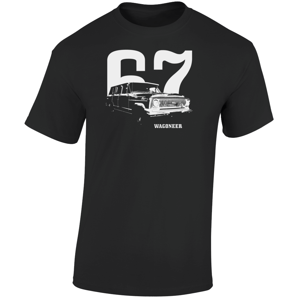 1967 Wagoneer Three Quarter Angle View With Year And Model Name Dark Color T Shirt
