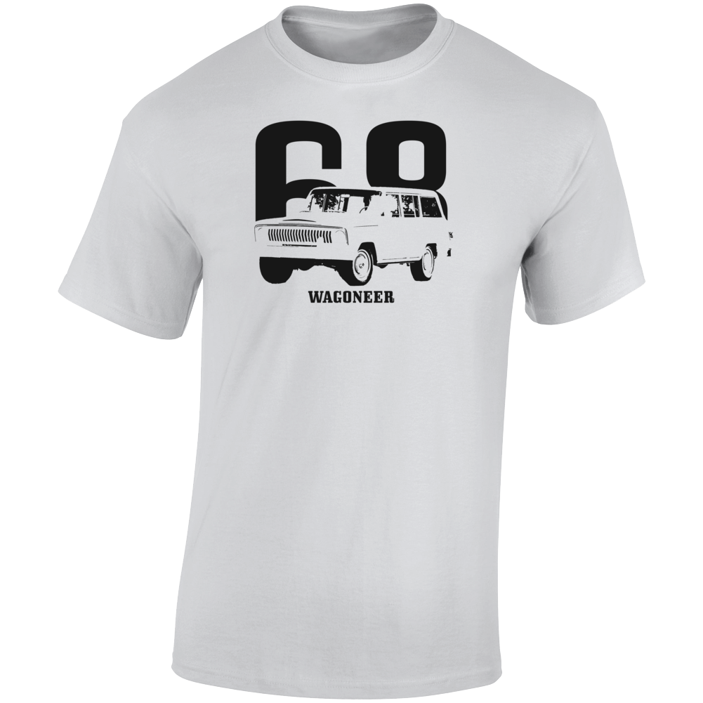 1968 Wagoneer Three Quarter Angle View With Year And Model Name Light Color T Shirt