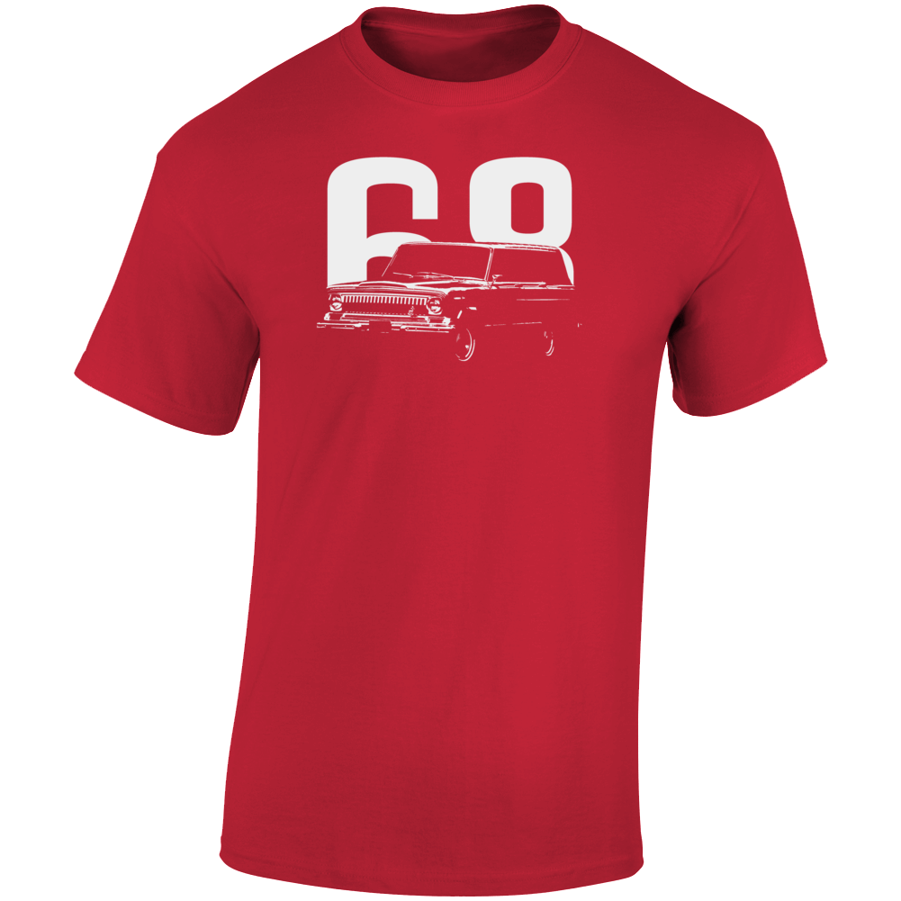 1968 Wagoneer Three Quarter Angle View With Year Dark Color T Shirt