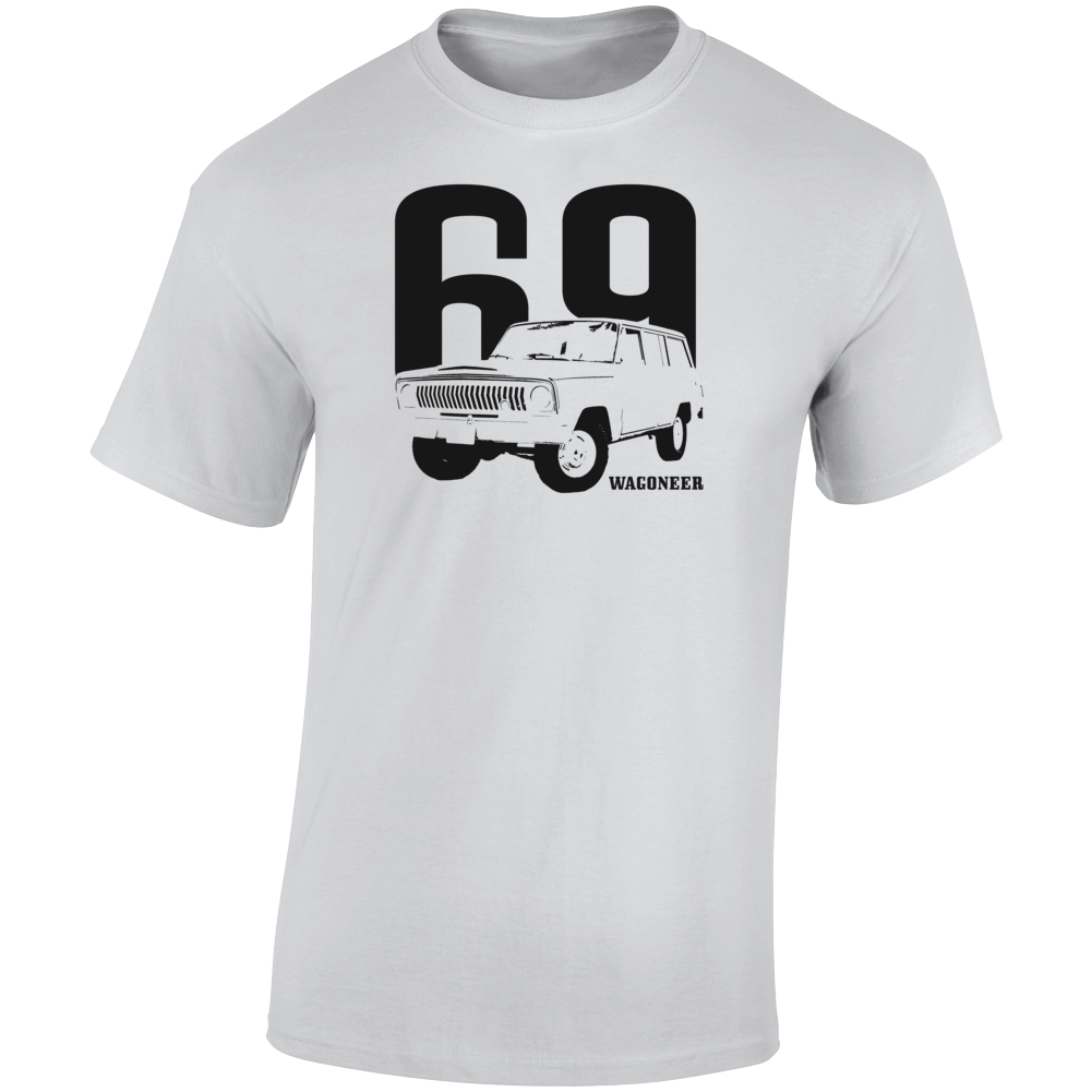 1969 Wagoneer Three Quarter Angle View With Year And Model Name Light Color T Shirt