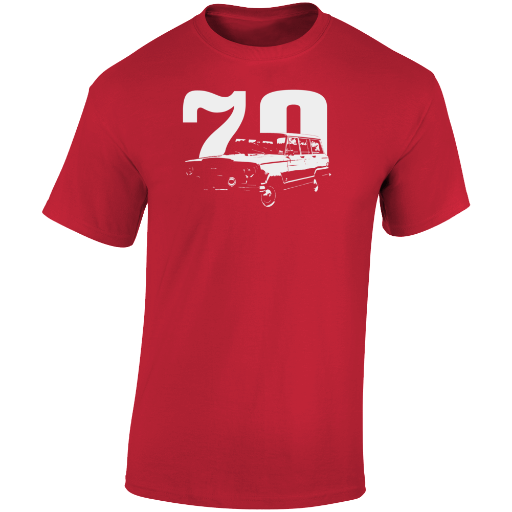 1970 Wagoneer Three Quarter Angle View With Year Dark Color T Shirt