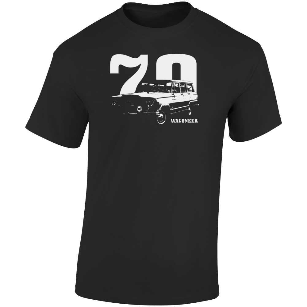 1970 Wagoneer Three Quarter Angle View With Year And Model Name Dark Color T Shirt