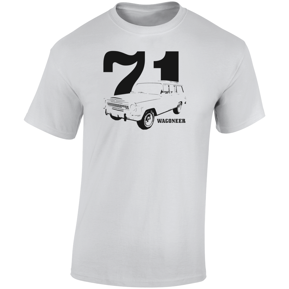 1971 Wagoneer Three Quarter Angle View With Year And Model Name Light Color T Shirt