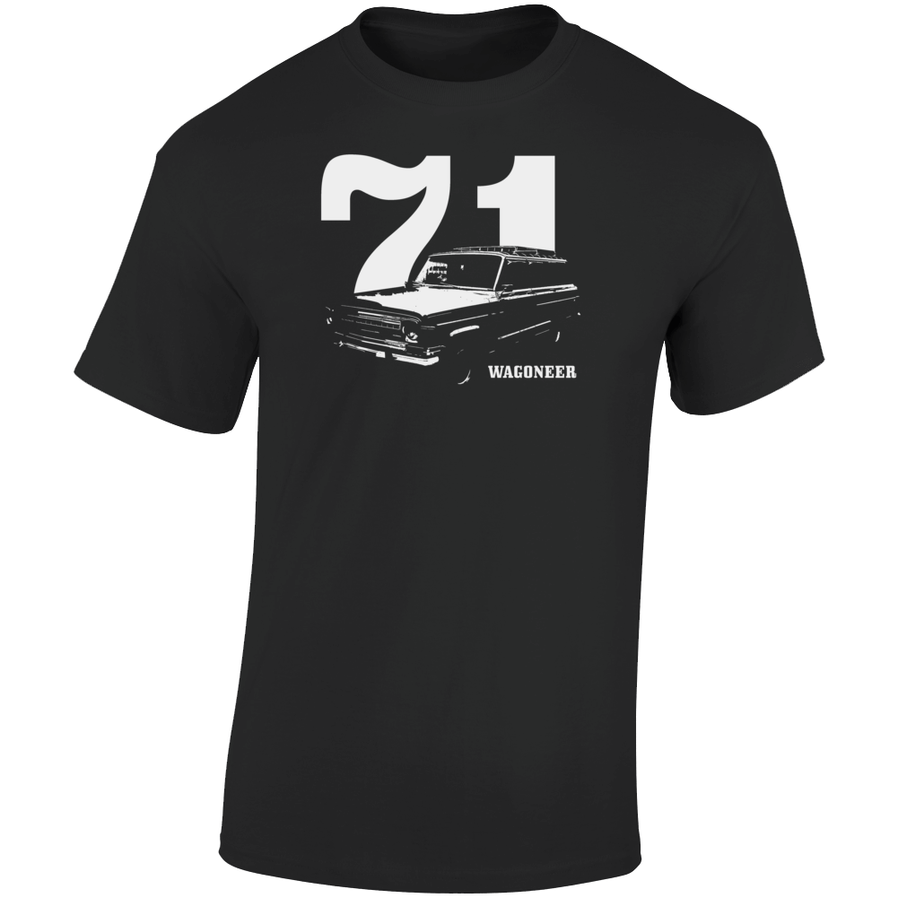 1971 Wagoneer Three Quarter Angle View With Year And Model Name Dark Color T Shirt