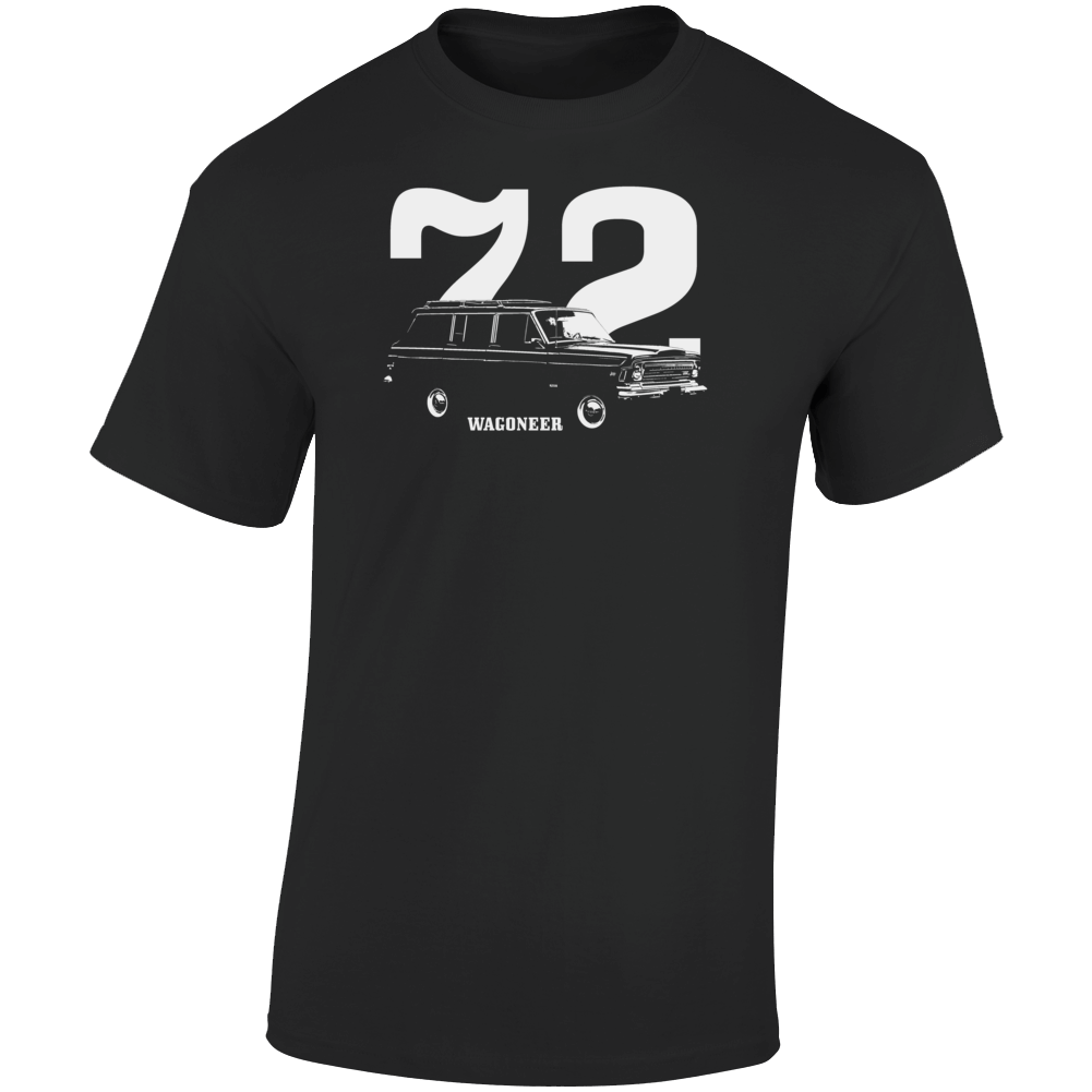 1972 Wagoneer Three Quarter Angle View With Year And Model Name Dark Color T Shirt