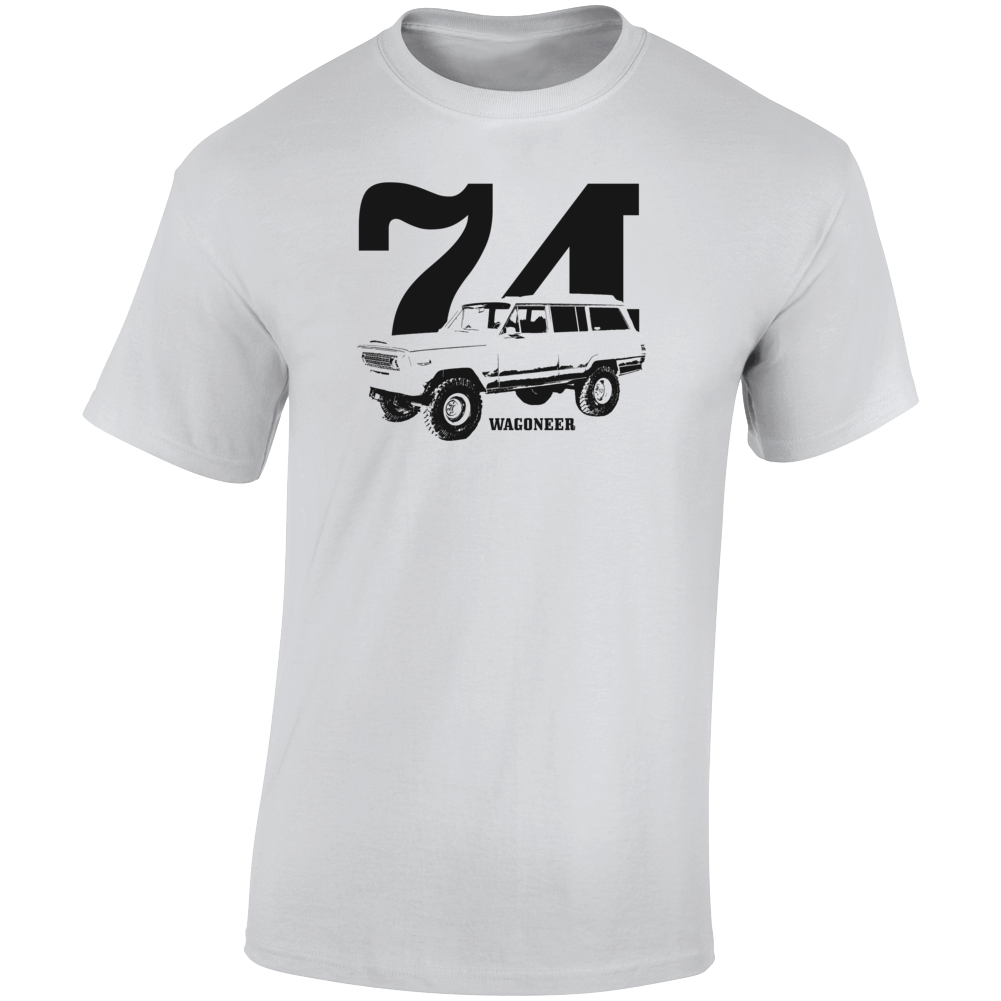1974 Wagoneer Three Quarter Angle View With Year And Model Name Light Color T Shirt