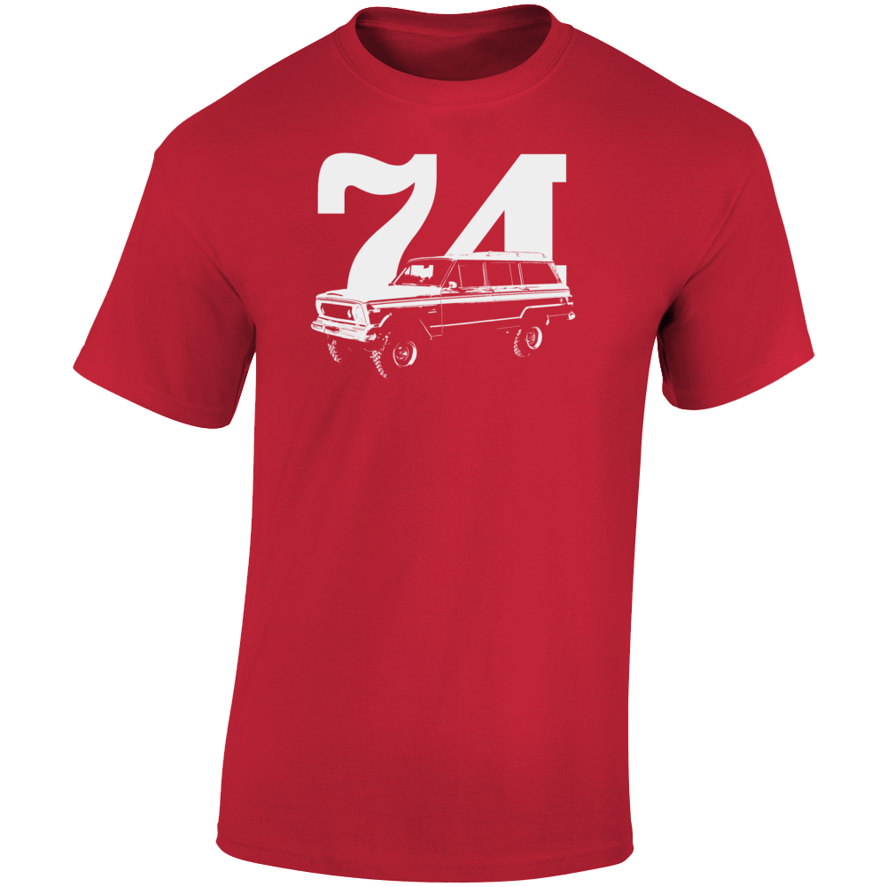1974 Wagoneer Three Quarter Angle View With Year Dark Color T Shirt