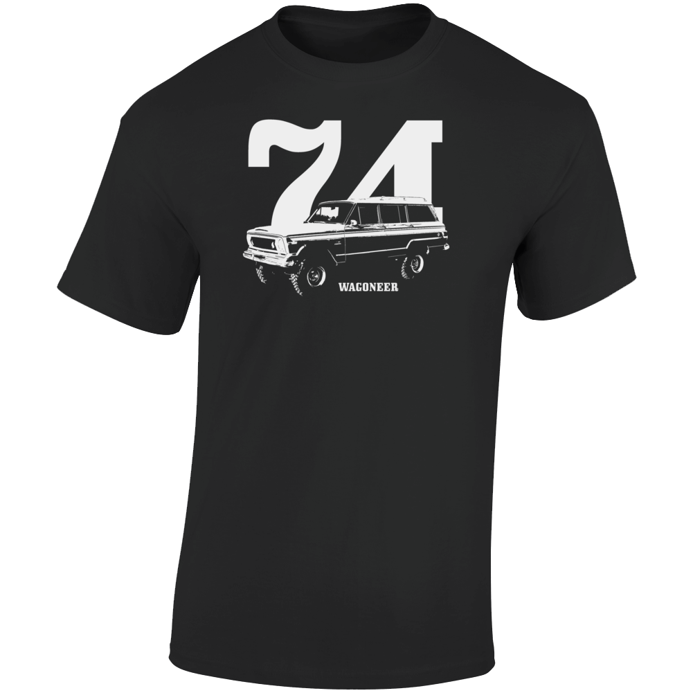 1974 Wagoneer Three Quarter Angle View With Year And Model Name Dark Color T Shirt