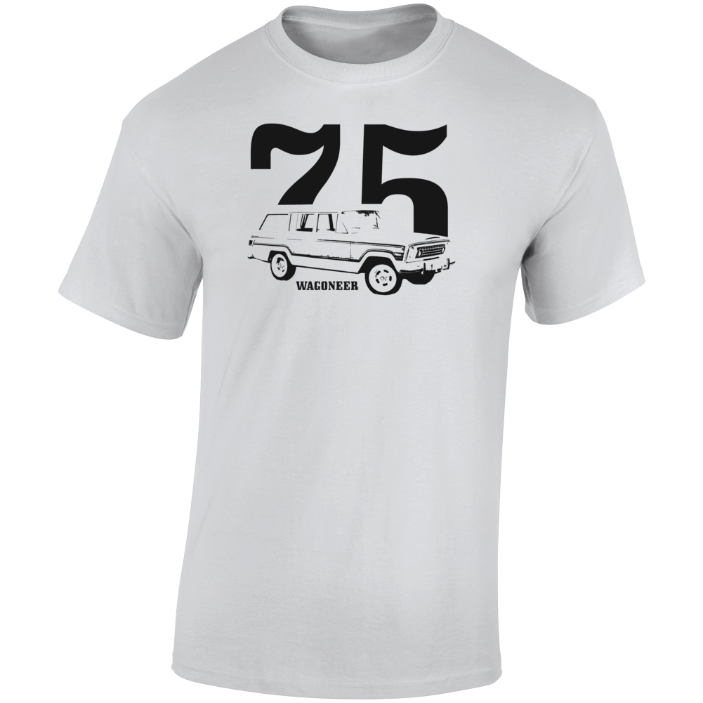 1975 Wagoneer Three Quarter Angle View With Year And Model Name Light Color T Shirt