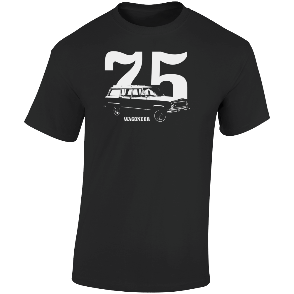 1975 Wagoneer Three Quarter Angle View With Year And Model Name Dark Color T Shirt