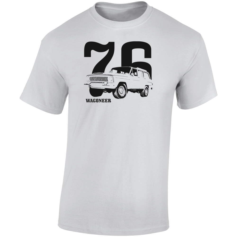 1976 Wagoneer Three Quarter Angle View With Year And Model Name Light Color T Shirt