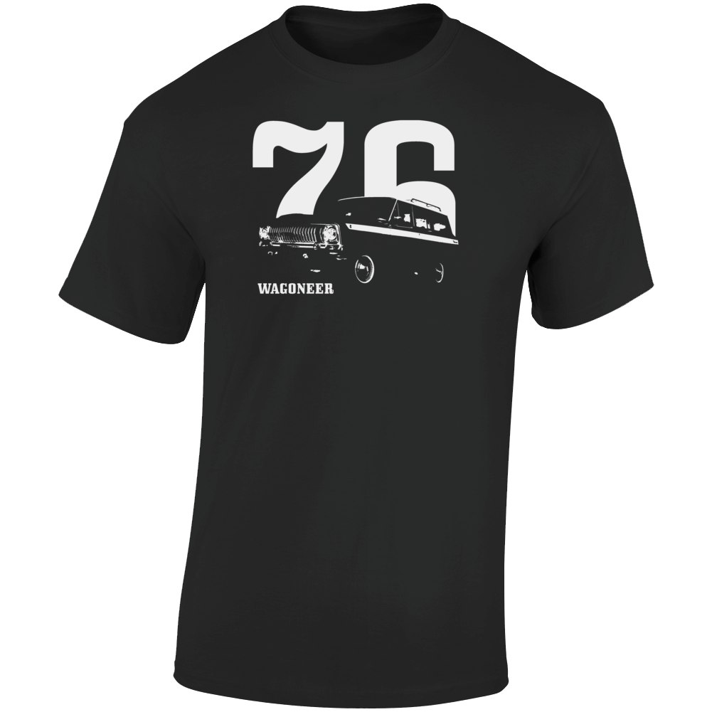 1976 Wagoneer Three Quarter Angle View With Year And Model Name Dark Color T Shirt