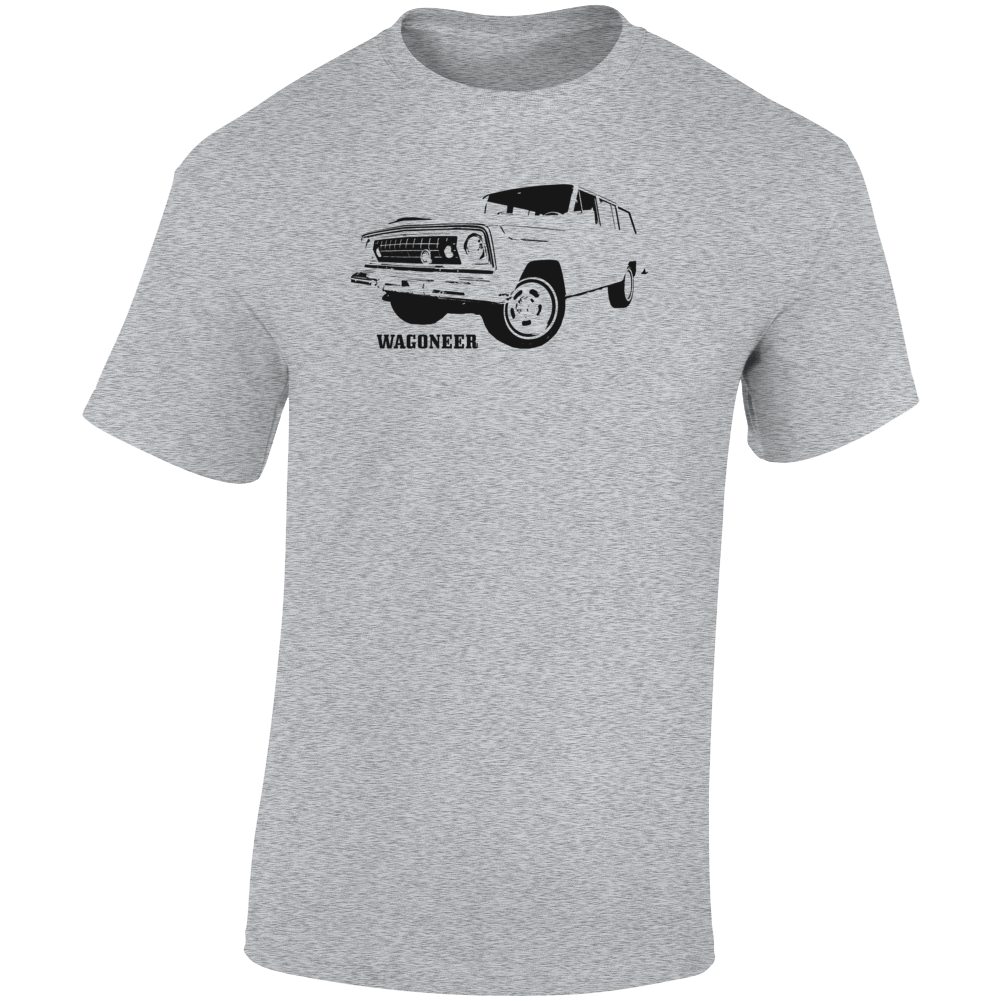 1977 Wagoneer Three Quarter Angle View With Model Name Light Color T Shirt