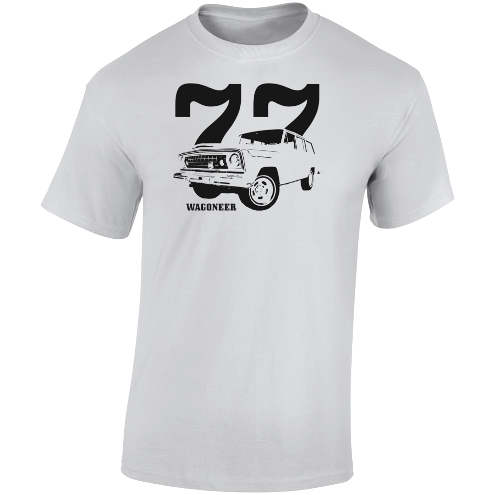 1977 Wagoneer Three Quarter Angle View With Year And Model Name Light Color T Shirt