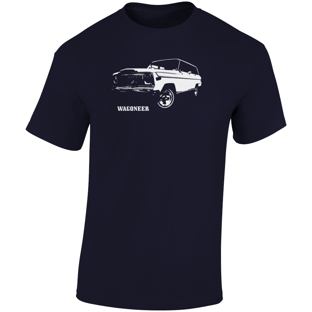 1977 Wagoneer Three Quarter Angle View With Model Name Dark Color T Shirt