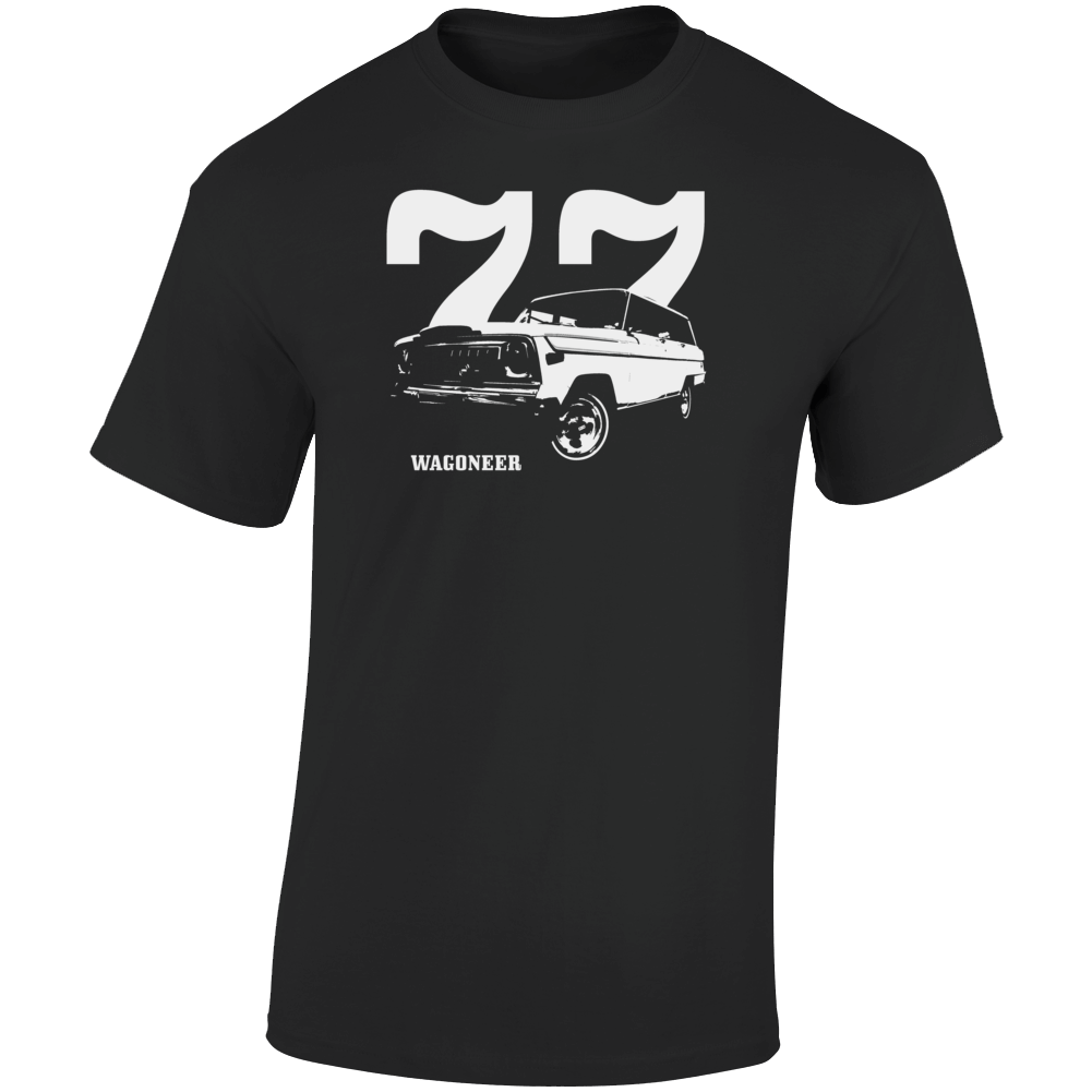 1977 Wagoneer Three Quarter Angle View With Year And Model Name Dark Color T Shirt