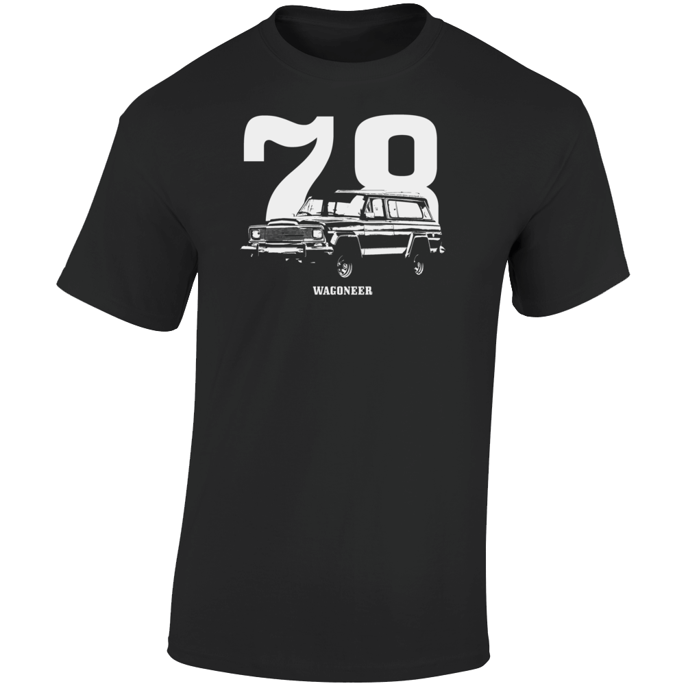 1978 Wagoneer Three Quarter Angle View With Year And Model Name Dark Color T Shirt