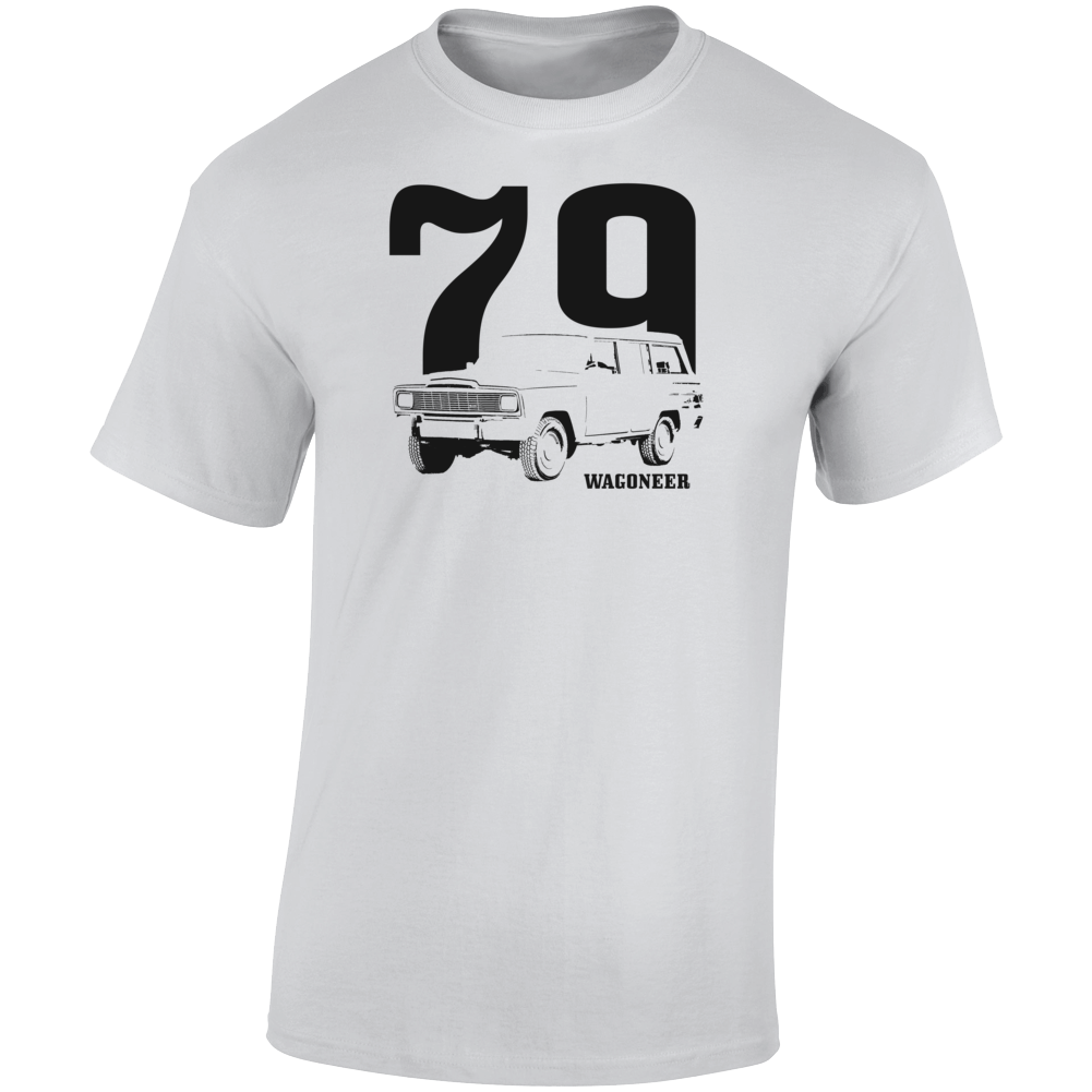 1979 Wagoneer Three Quarter Angle View With Year And Model Name Light Color T Shirt