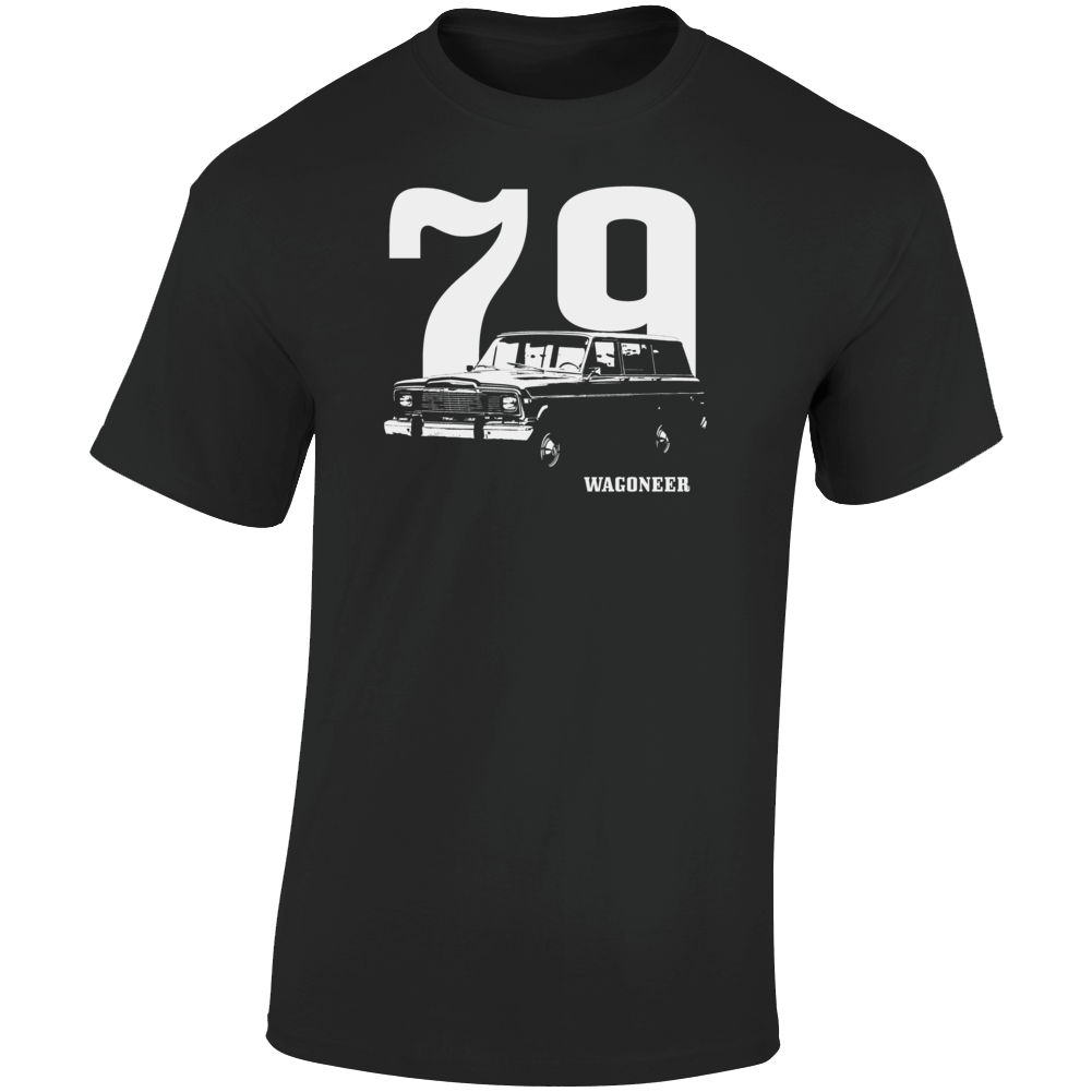1979 Wagoneer Three Quarter Angle View With Year And Model Name Dark Color T Shirt