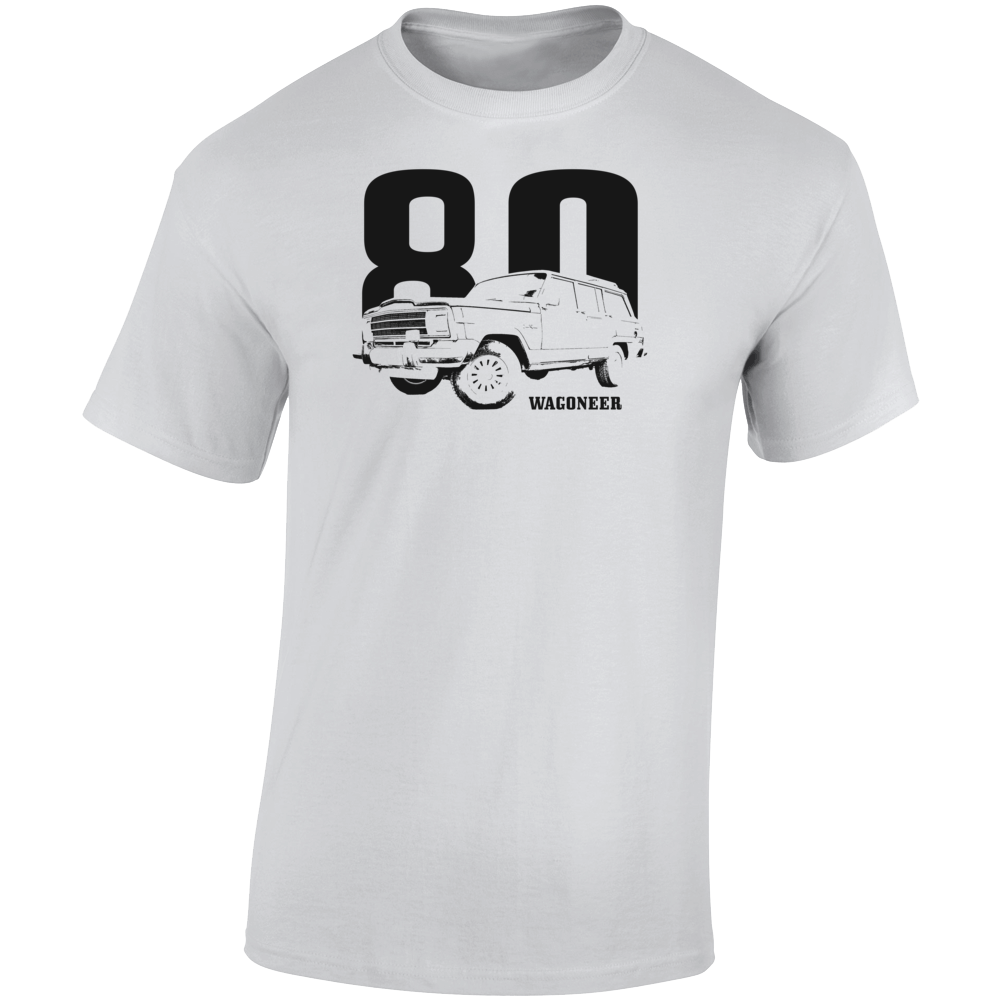 1980 Wagoneer Three Quarter Angle View With Year And Model Name Light Color T Shirt