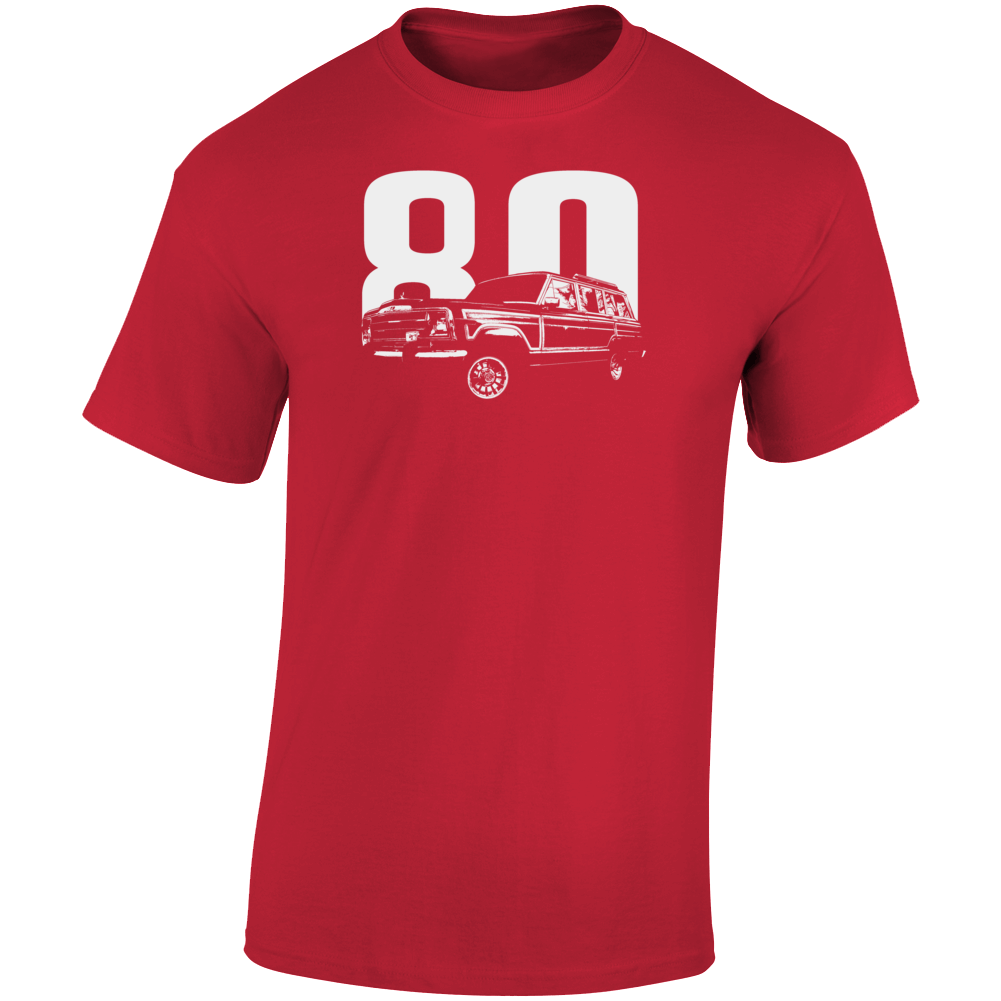 1980 Wagoneer Three Quarter Angle View With Year Dark Color T Shirt