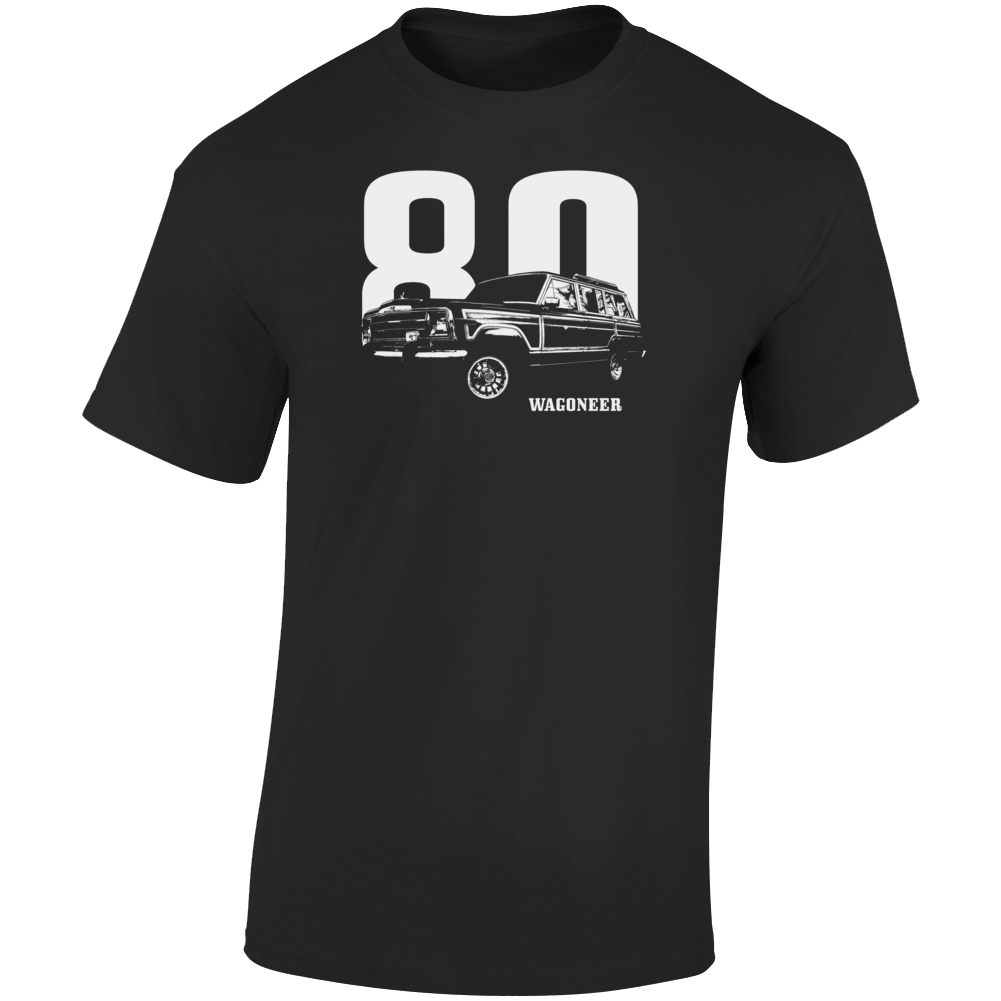 1980 Wagoneer Three Quarter Angle View With Year And Model Name Dark Color T Shirt