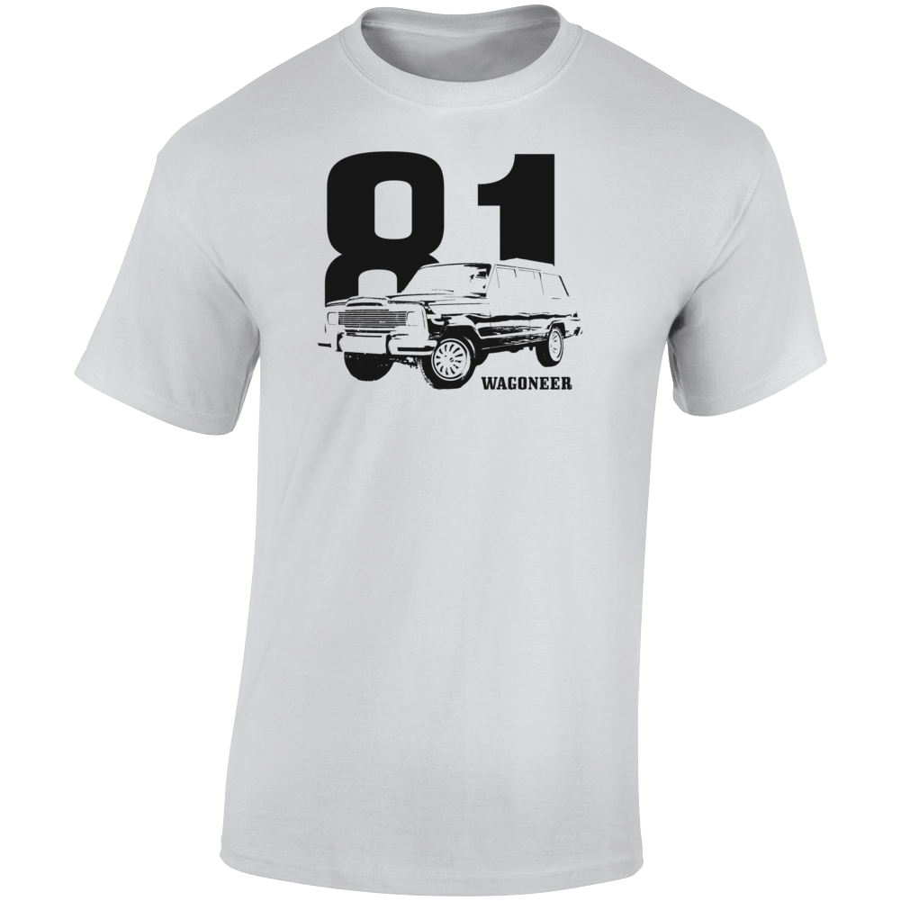 1981 Wagoneer Three Quarter Angle View With Year And Model Name Light Color T Shirt