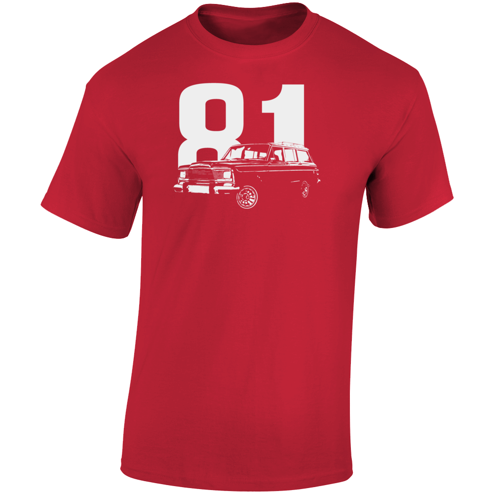 1981 Wagoneer Three Quarter Angle View With Year Dark Color T Shirt
