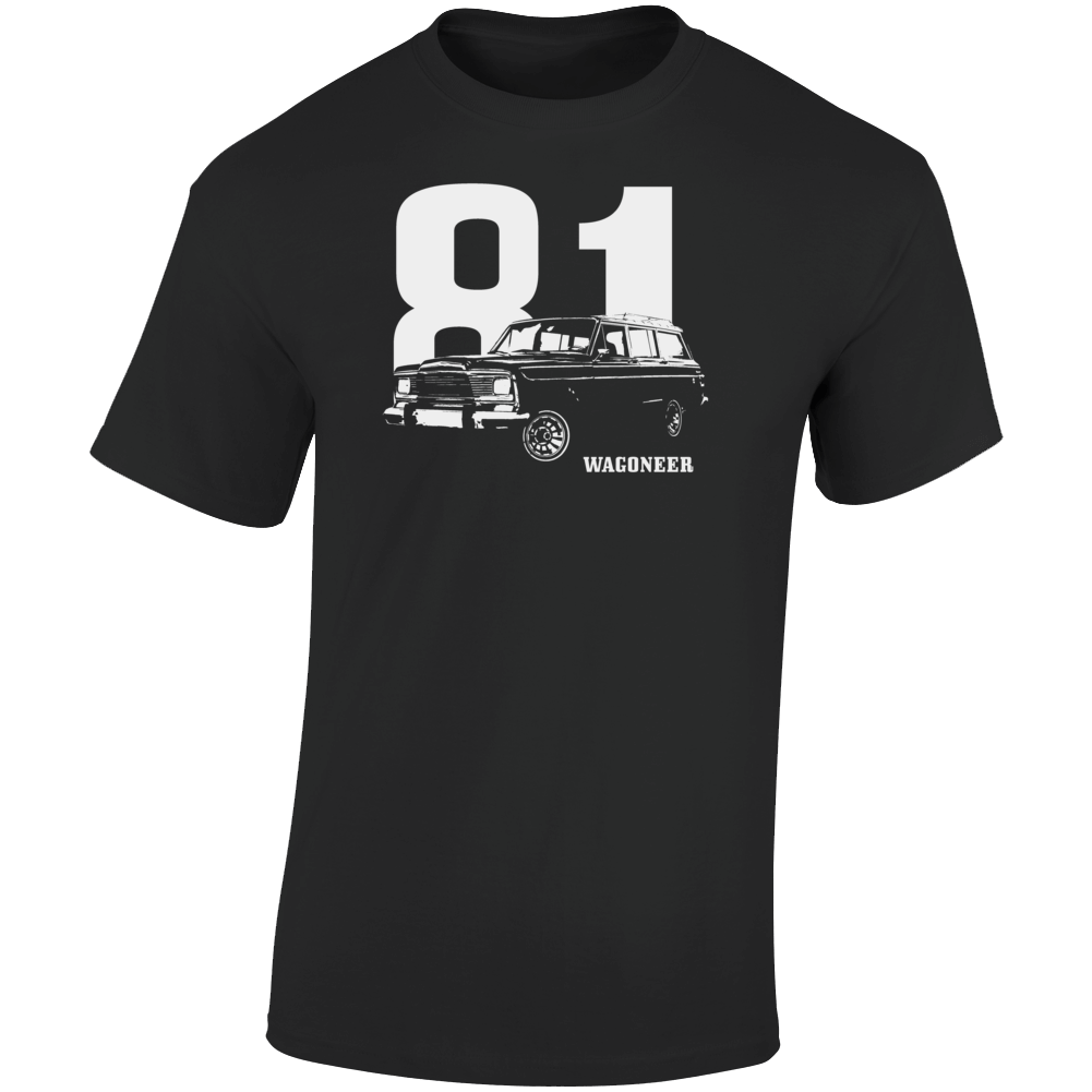 1981 Wagoneer Three Quarter Angle View With Year And Model Name Dark Color T Shirt