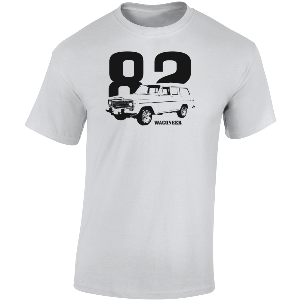 1982 Wagoneer Three Quarter Angle View With Year And Model Name Light Color T Shirt