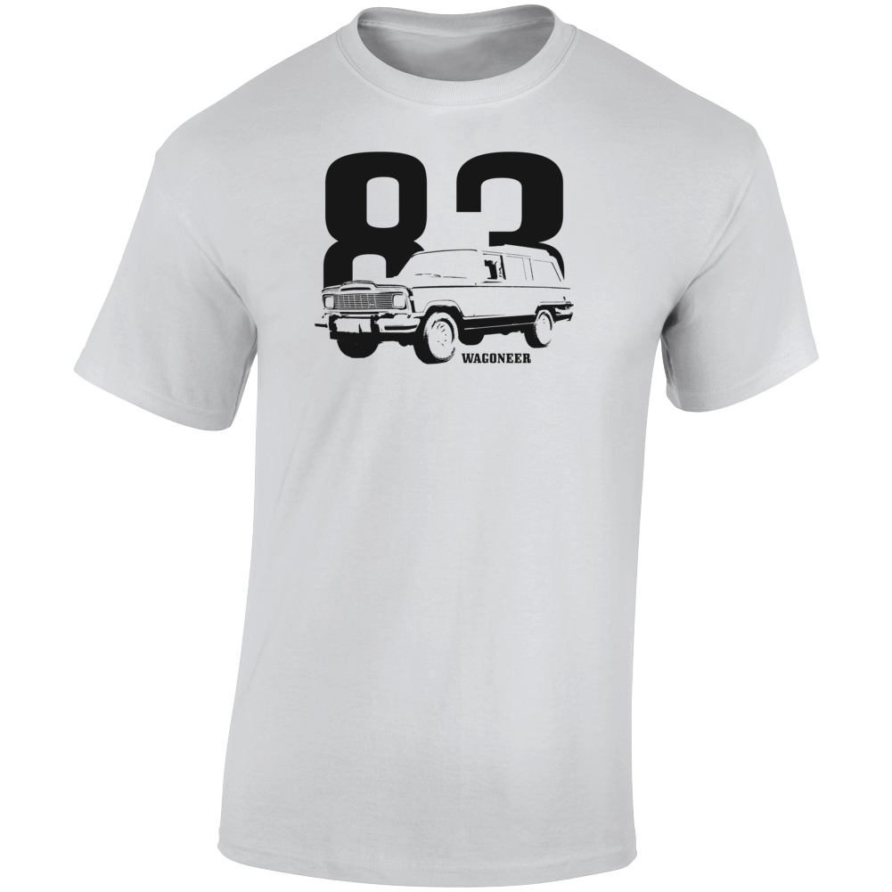 1983 Wagoneer Three Quarter Angle View With Year And Model Name Light Color T Shirt
