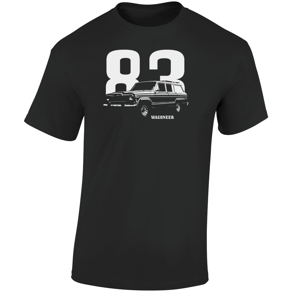 1983 Wagoneer Three Quarter Angle View With Year And Model Name Dark Color T Shirt