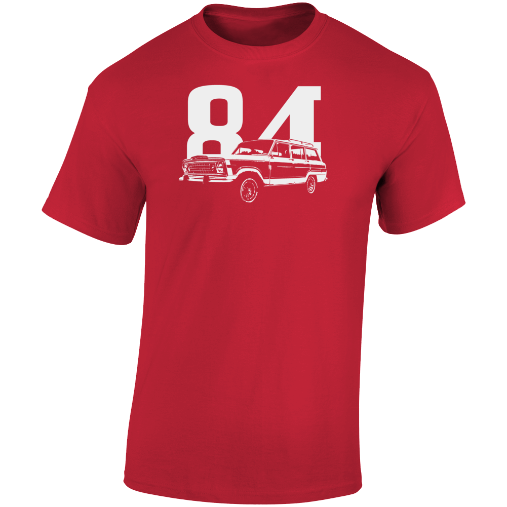 1984 Wagoneer Three Quarter Angle View With Year Dark Color T Shirt