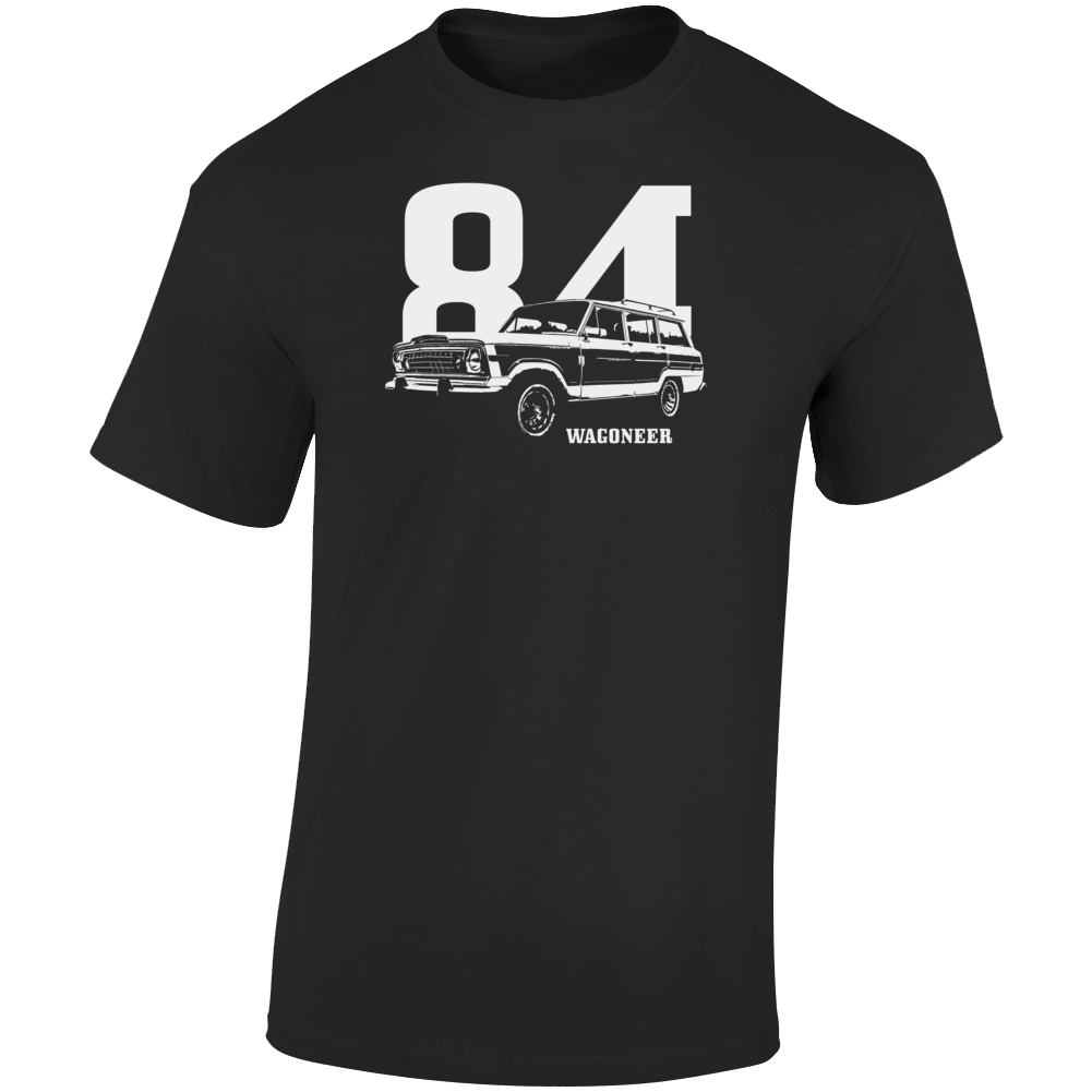1984 Wagoneer Three Quarter Angle View With Year And Model Name Dark Color T Shirt