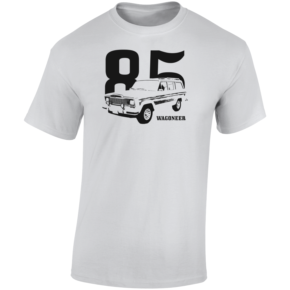 1985 Wagoneer Three Quarter Angle View With Year And Model Name Light Color T Shirt