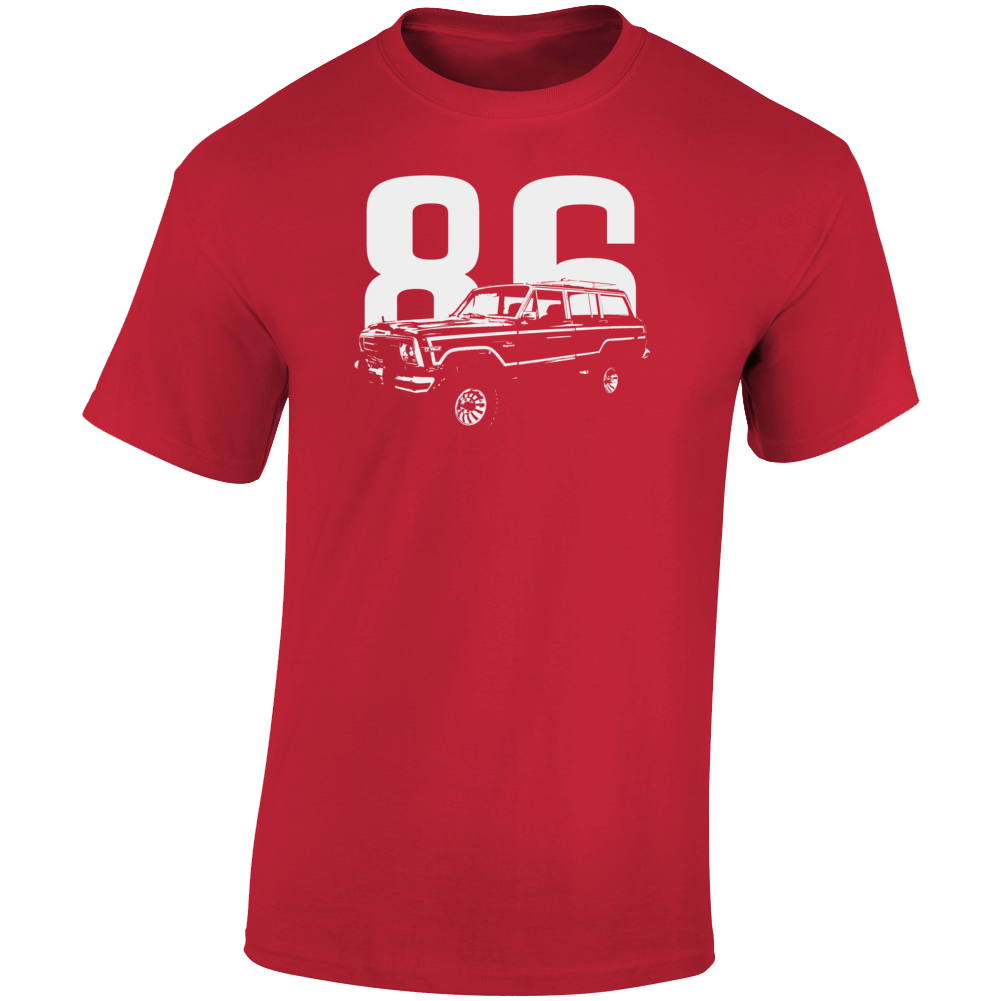 1986 Wagoneer Three Quarter Angle View With Year Dark Color T Shirt